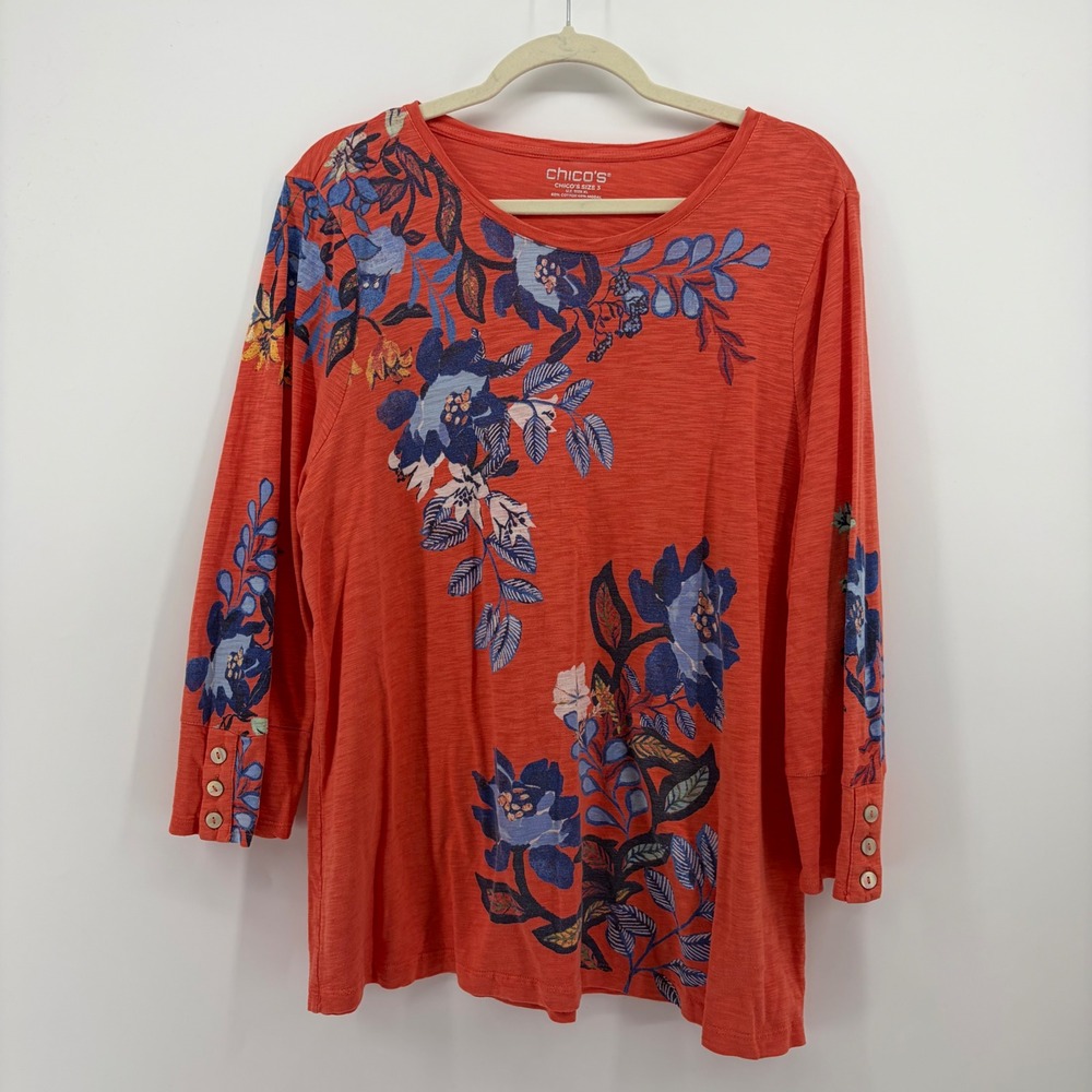 Chico's Womens Size XL Coral Orange Floral Slub Knit 3/4 Sleeve Button Top